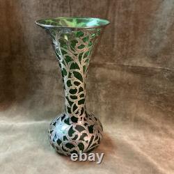 1900s Alvin Fine / sterling silver Overlay art nouveau green glass vase AS IS