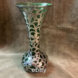 1900s Alvin Fine / sterling silver Overlay art nouveau green glass vase AS IS