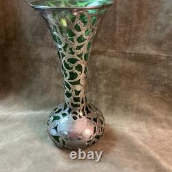 1900s Alvin Fine / sterling silver Overlay art nouveau green glass vase AS IS
