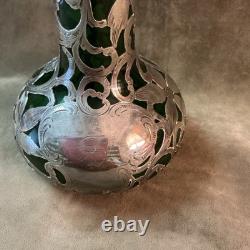 1900s Alvin Fine / sterling silver Overlay art nouveau green glass vase AS IS