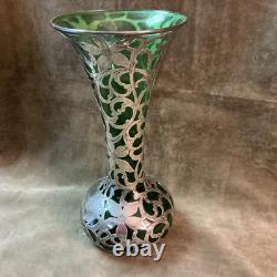 1900s Alvin Fine / sterling silver Overlay art nouveau green glass vase AS IS