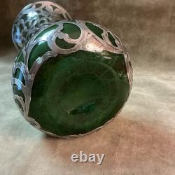 1900s Alvin Fine / sterling silver Overlay art nouveau green glass vase AS IS