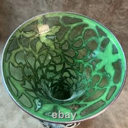 1900s Alvin Fine / sterling silver Overlay art nouveau green glass vase AS IS