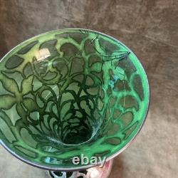 1900s Alvin Fine / sterling silver Overlay art nouveau green glass vase AS IS