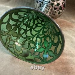 1900s Alvin Fine / sterling silver Overlay art nouveau green glass vase AS IS