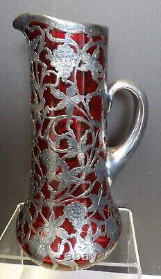 1910 Alvin Sterling Silver Overlay Ruby Glass Pitcher 10 1/2