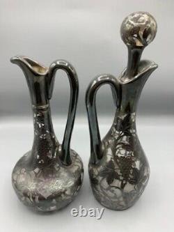 2 Antique Alvin Sterling Silver 999 Overlay Glass Decanters