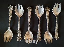 6 Alvin Bridal Rose Ice Cream Spoons / Forks / Sporks Sterling Silver 5 1/4
