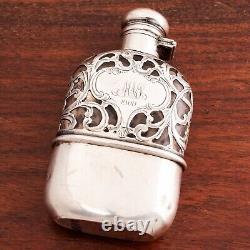 ALVIN AMERICAN STERLING SILVER OVERLAY & GLASS FLASK With REMOVABLE CUP LATE 1800S