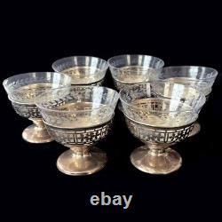 ALVIN Set of 6 VTG Glass Cups Sterling Silver Holder 180 gram, marked'STERLNG