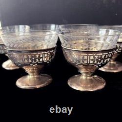 ALVIN Set of 6 VTG Glass Cups Sterling Silver Holder 180 gram, marked'STERLNG
