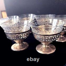 ALVIN Set of 6 VTG Glass Cups Sterling Silver Holder 180 gram, marked'STERLNG