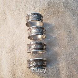 ALVIN sterling Silver set 4 Round NAPKIN RINGS Bead & Scroll Decoration No Mono