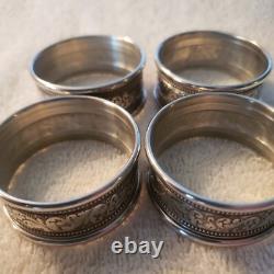ALVIN sterling Silver set 4 Round NAPKIN RINGS Bead & Scroll Decoration No Mono