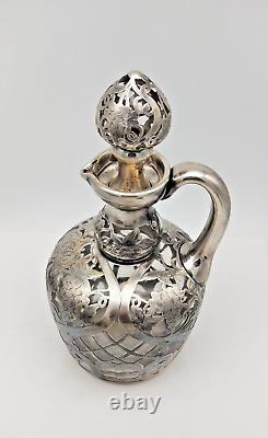 Alvin. 999 Fine Silver Overlay Claret Jug with Stopper 9 inch Grapes and Leaves