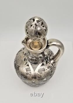 Alvin. 999 Fine Silver Overlay Claret Jug with Stopper 9 inch Grapes and Leaves