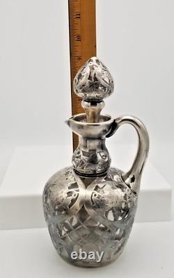 Alvin. 999 Fine Silver Overlay Claret Jug with Stopper 9 inch Grapes and Leaves