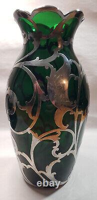 Alvin 999 Sterling Silver Overlay on Emerald Green Glass Art Nouveau Vase