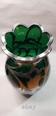 Alvin 999 Sterling Silver Overlay on Emerald Green Glass Art Nouveau Vase