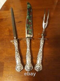 Alvin Bridal Rose Sterling Silver Handle Carving Set of 3 Large 14 3/8