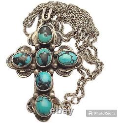 Alvin Fuson NAVAJO STERLING SILVER Cloud MOUNTAIN TURQUOISE CROSS PENDANT