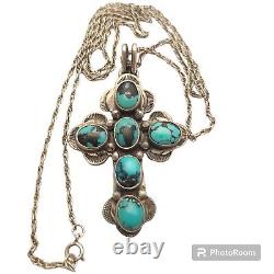 Alvin Fuson NAVAJO STERLING SILVER Cloud MOUNTAIN TURQUOISE CROSS PENDANT