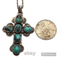 Alvin Fuson NAVAJO STERLING SILVER Cloud MOUNTAIN TURQUOISE CROSS PENDANT