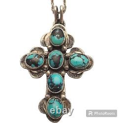 Alvin Fuson NAVAJO STERLING SILVER Cloud MOUNTAIN TURQUOISE CROSS PENDANT