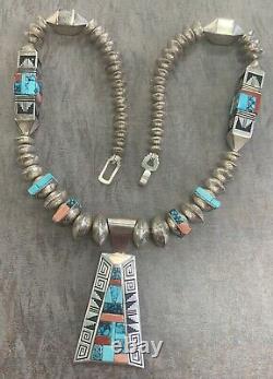 Alvin Lula Begay Native American Navajo Coral Turquoise Necklace Sterling Silver