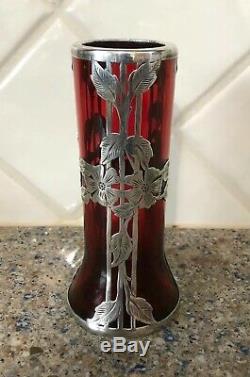 Alvin Mfg. Co Cranberry & Sterling Silver Overlay Vase