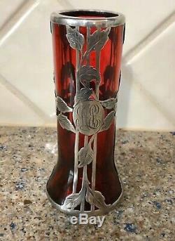 Alvin Mfg. Co Cranberry & Sterling Silver Overlay Vase