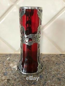 Alvin Mfg. Co Cranberry & Sterling Silver Overlay Vase