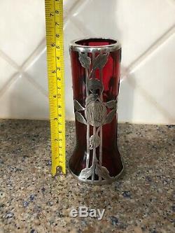 Alvin Mfg. Co Cranberry & Sterling Silver Overlay Vase