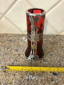 Alvin Mfg. Co Cranberry & Sterling Silver Overlay Vase