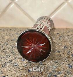 Alvin Mfg. Co Cranberry & Sterling Silver Overlay Vase