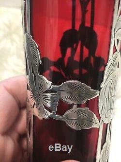 Alvin Mfg. Co Cranberry & Sterling Silver Overlay Vase