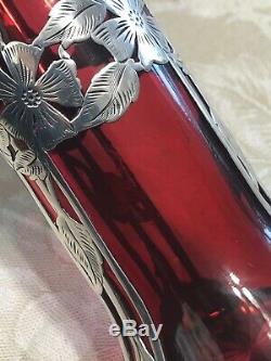 Alvin Mfg. Co Cranberry & Sterling Silver Overlay Vase