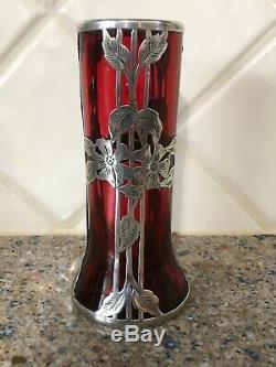 Alvin Mfg. Co Cranberry & Sterling Silver Overlay Vase