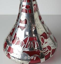 Alvin Mfg Co Sterling Silver overlay mounted Cranberry red glass Decanter