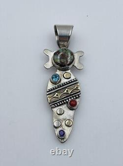 Alvin Monte Vintage Sterling Silver & 14k Gold Coral Turquoise Pendant