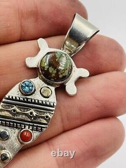 Alvin Monte Vintage Sterling Silver & 14k Gold Coral Turquoise Pendant