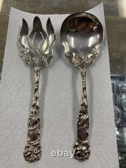 Alvin Sterling Bridal Rose Large 9 Inch Serving Spoon & Trident Fork PPS KN