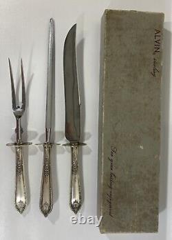Alvin Sterling Silver Della Robbia 3 Pc. Carving Knife Fork Set Stainless 1920