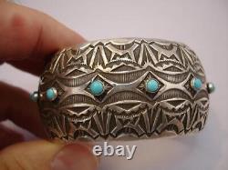 Alvin Toadacheene Navajo Hand Made Sterling Silver Bracelet Turquoise Stones BIG