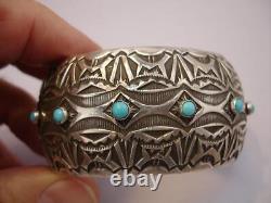 Alvin Toadacheene Navajo Hand Made Sterling Silver Bracelet Turquoise Stones BIG