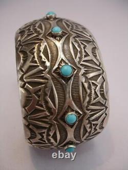 Alvin Toadacheene Navajo Hand Made Sterling Silver Bracelet Turquoise Stones BIG