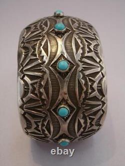 Alvin Toadacheene Navajo Hand Made Sterling Silver Bracelet Turquoise Stones BIG