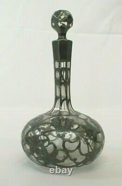 Antique 1900s Alvin Sterling Silver Overlay Grape Fern 9 Crystal Decanter