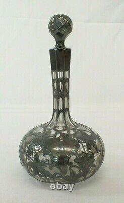 Antique 1900s Alvin Sterling Silver Overlay Grape Fern 9 Crystal Decanter