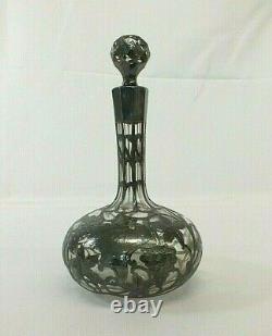 Antique 1900s Alvin Sterling Silver Overlay Grape Fern 9 Crystal Decanter